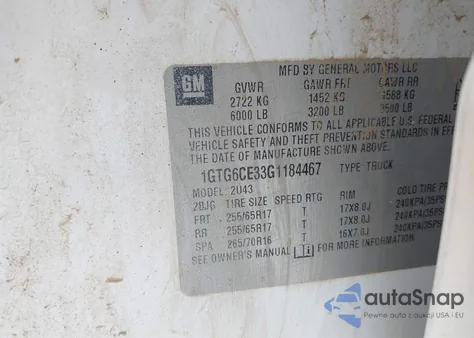 2016 GMC Canyon Sle z USA, uszkodzony, nr VIN 1GTG6CE33G1184467